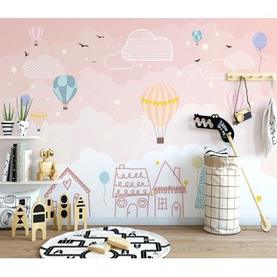 Hot Air Balloons Clouds Birds Stars Houses Pink Background Removable Wallpaper