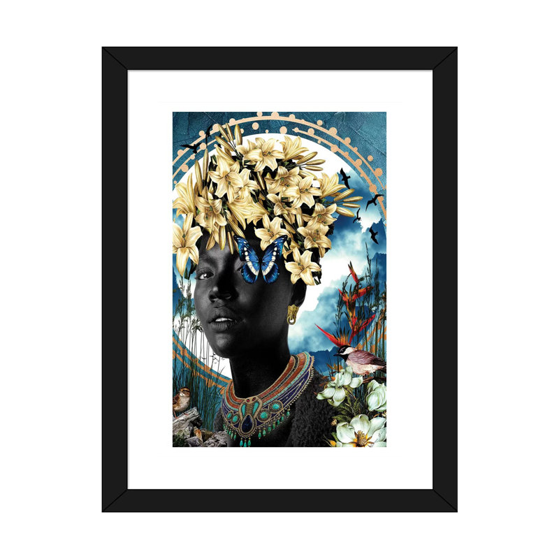 «Lily Blue» par Yvonne Coleman Burney - impression d'art graphique, Papier encadré noir, H 24 po x l 16 po x P 1 po, Blanc