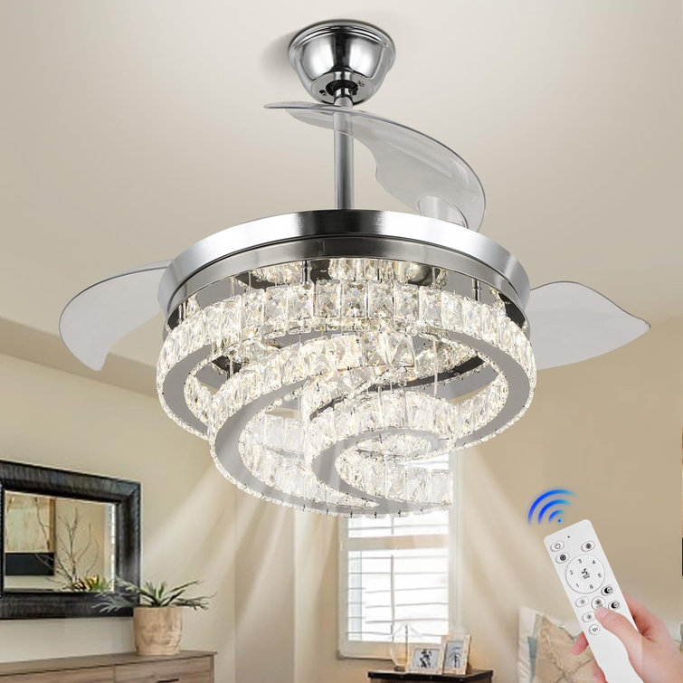 42'' Dimmable Ceiling Fan With Light And Remote Crystal Modern Chandelier Fan Retractable Fandelier With Memory, Silent Motor, 6 Speed, 3 Colour Change, Timer Function(Gold)