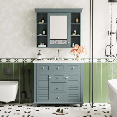Meuble-lavabo de salle de bain avec armoire à pharmacie, armoire à miroir moderne avec tablette réglable, armoire de rangement pour salle de bain avec 2 portes à fermeture douce et 2 tiroirs, meuble-lavabo de salle de bain avec rangement pour porte d'