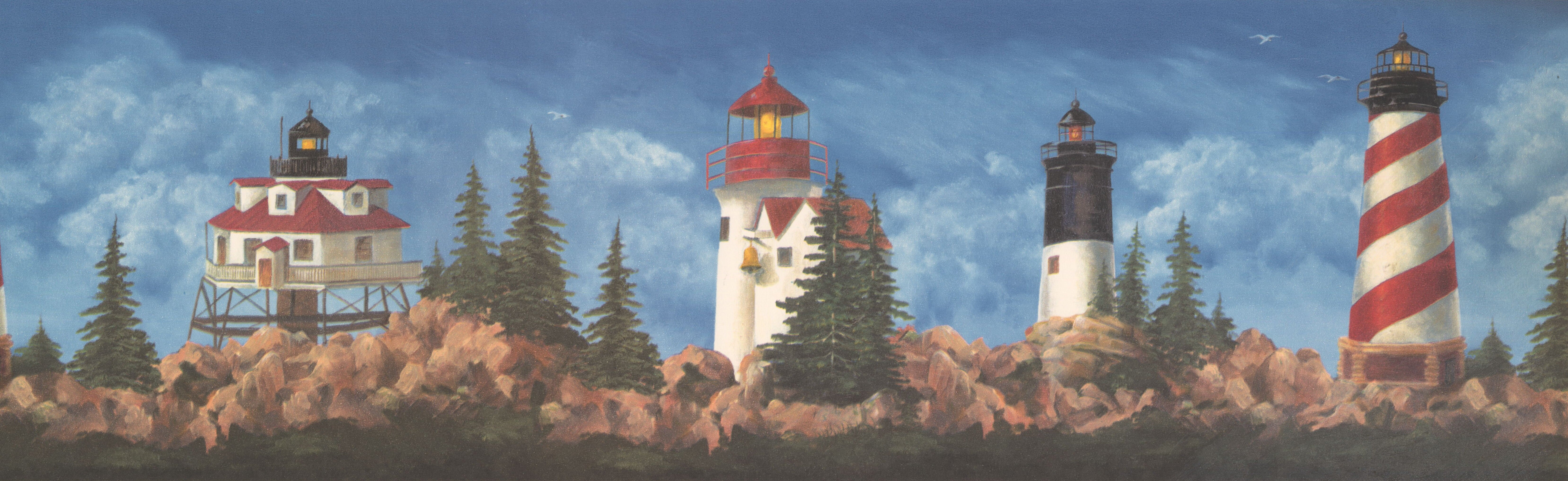 CONCORD WALLCOVERINGS ™ Lighthouses Pine Trees Azure Sky 15' L x 7'' W ...