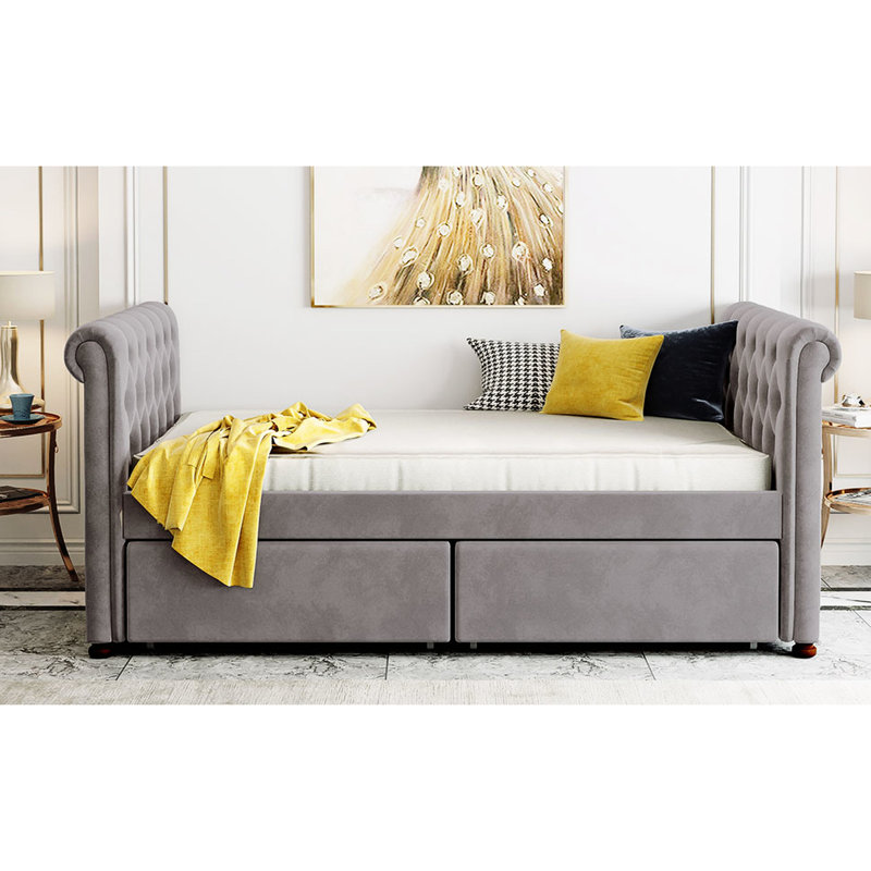 Lit de jour simple gris avec tiroirs de rangement fonctionnels et support de literie en lattes de bois massif, Gris