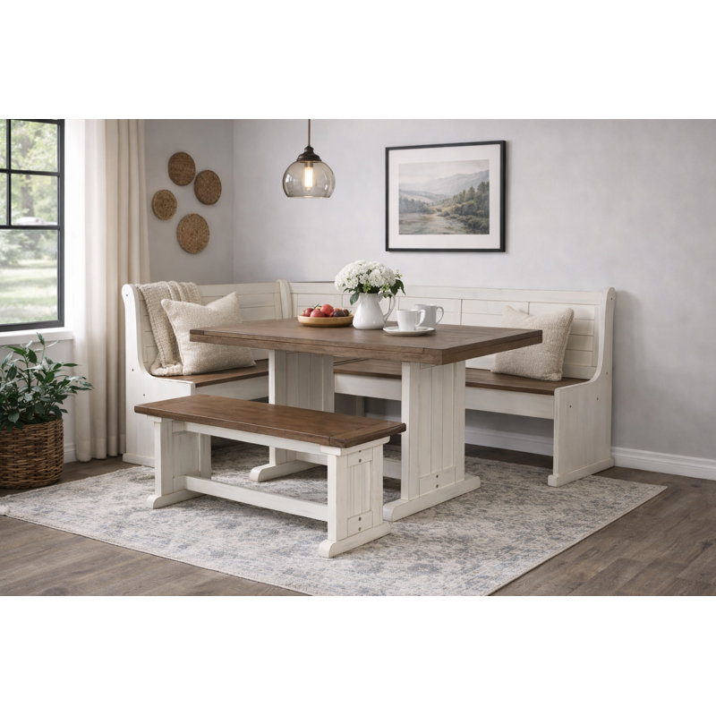 Villepinte 4 - Piece Solid Wood Breakfast Nook Dining Set, Marble White/Buckskin