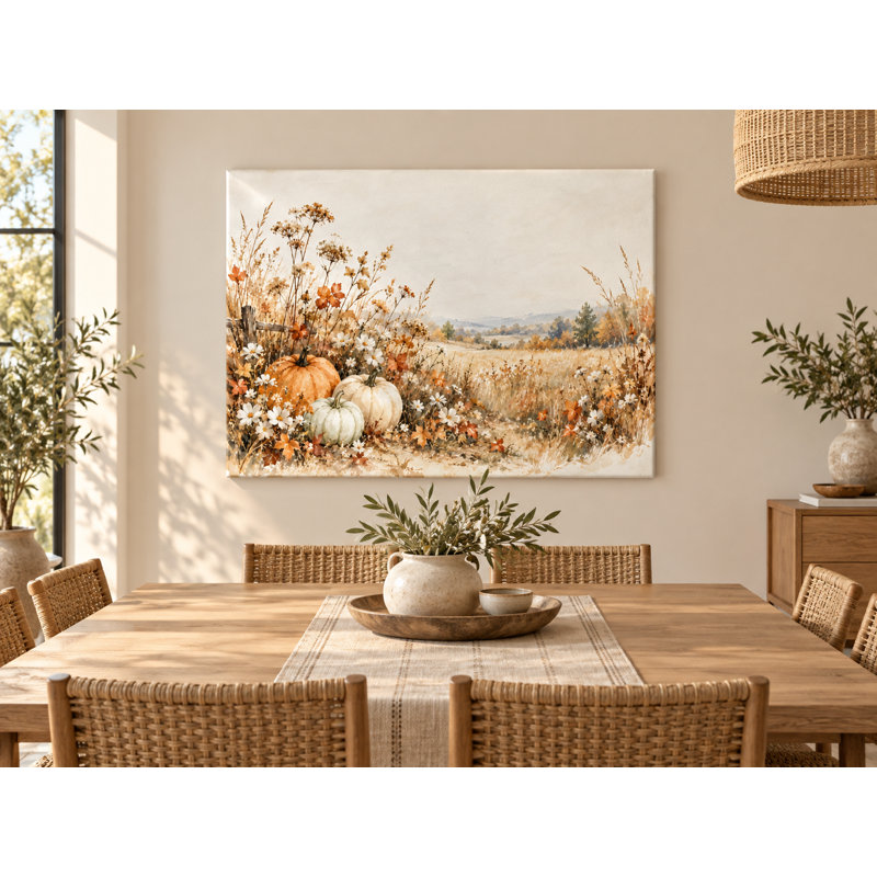 Citrouilles orange et ivoire enveloppées de fleurs sauvages Ingwer, L 48 po x H 36 po x P 1,5 po