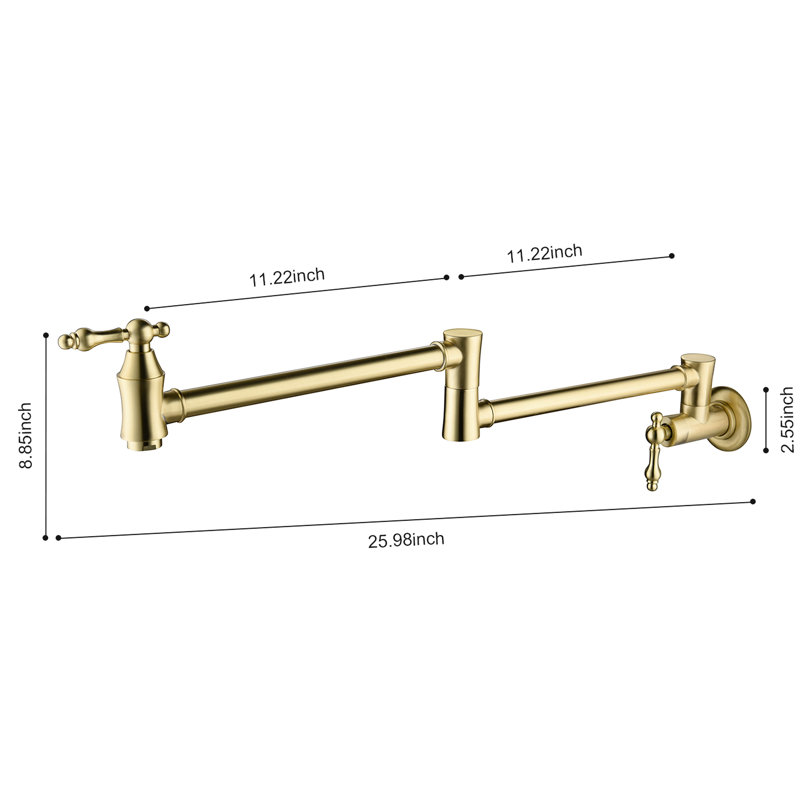 Brushed Gold Pot Filler Faucet Wall Mount - Foldable, 360 Turning, Brass, Double Handles For Flawless Water Flow, Surface, Space Saving Kitchen Fixture Mounted Folding In Rotatable, Simple Flow