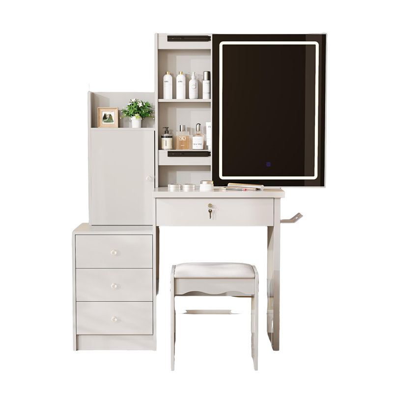 Ensemble coiffeuse avec miroir lumineux et tabouret rembourré