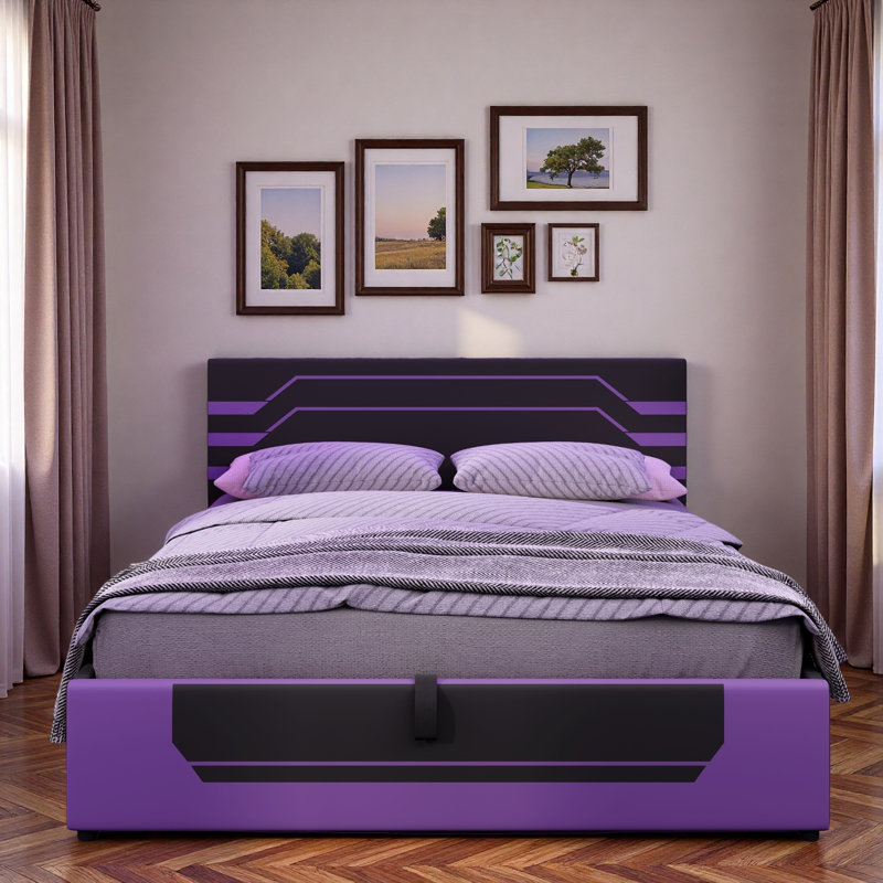 Lit de jeu avec système de levage hydraulique et compartiment de rangement sous le lit, Mauve