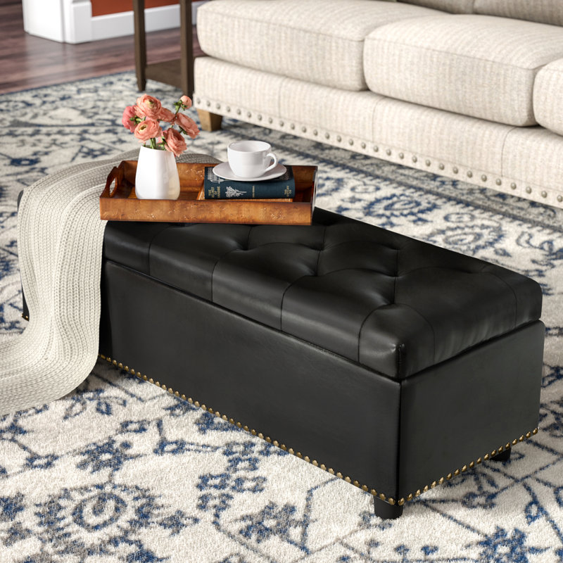 Upholstered Ottoman,  Dark Brown Faux Leather, Dark Brown