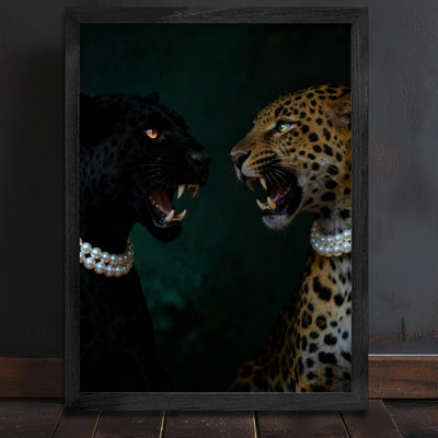 Black Framed Vintage Black panther and leopard stand opposite each other Wall Art Retro Style Framed Prints