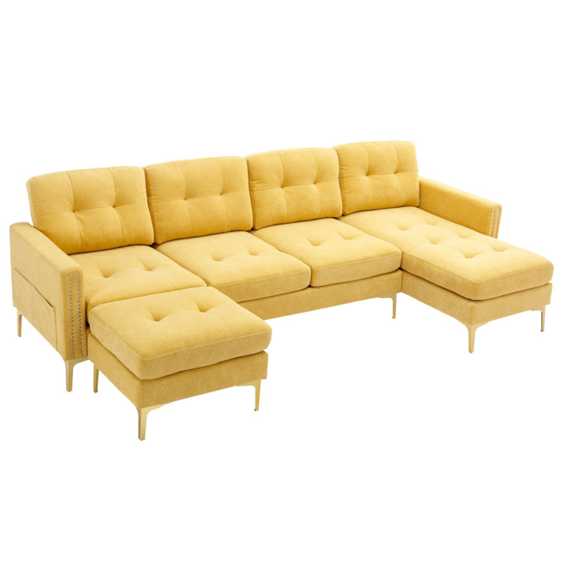 110" Lshape Convertible Sectional Sofa Couch With Movable Ottoman, Yellow