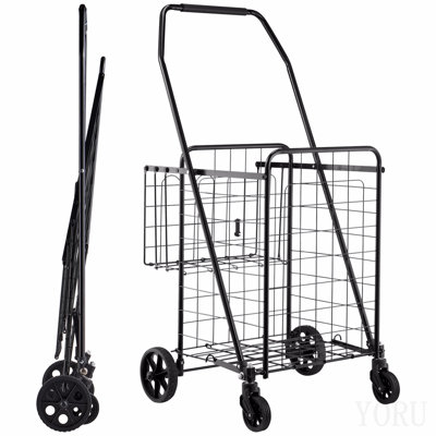 Shopping Cart, Folding Grocery Utility Cart With Dual Baskets, Waterproof Liner & Wheels, 100 Lbs Large Load Capacity, Heavy Duty Laundry Basket For Laundry, Shopping, Camping, Grocery, Luggage