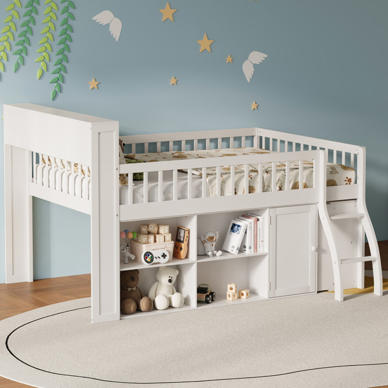 Lit mezzanine double avec rangement, tête de lit avec lumière DEL, blanc, Blanc, Lit double