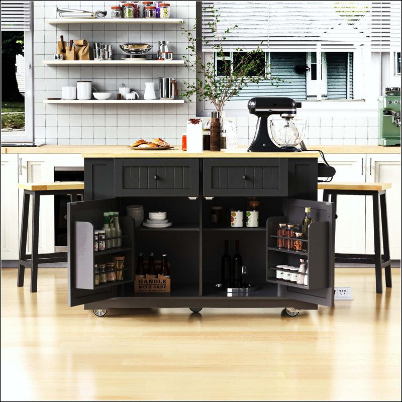 Îlot de cuisine 48 po avec rallonge, prise de courant, supports de rangement internes et chariot roulant