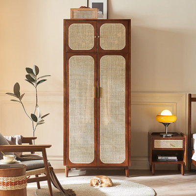 Rattan Ash Wood Double Door Wardrobe Armoire