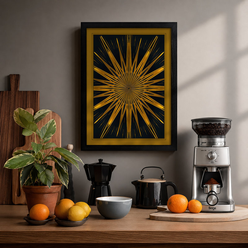 Golden Starburst Geometric - Framed Print, A1 - 84.1 x 59.4 cm, Black