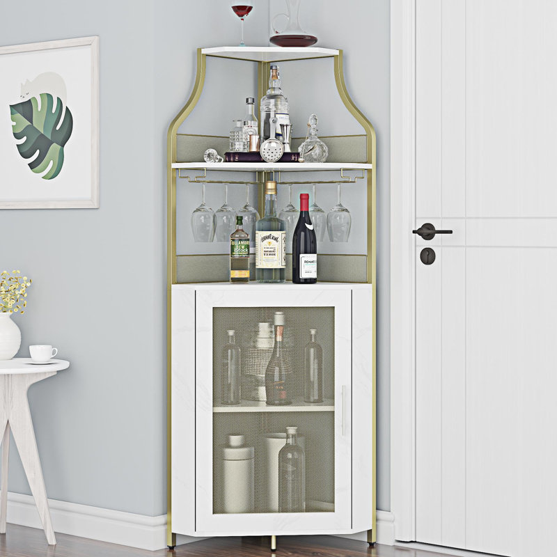 Corner Bar Cabinet with Wine Rack and Glass Holder, 4 Tier Drinks Cabinet with Mesh Door, MDF and Metal Storage Unit for Living Room, Kitchen and Dining Room