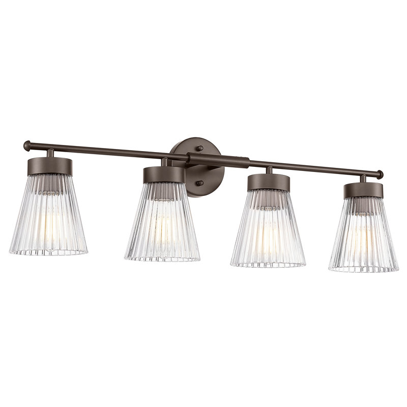 Dimmable Vintage Vanity Light, Clear Striped Glass, 9.80" H x 32.20" W x 6.90" D, 4, Oil-Rubbed Bronze