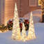 Sapins de Noël en cône argentés pré-illuminés (3 pièces) avec ruban rouge pour la décoration de Noël
