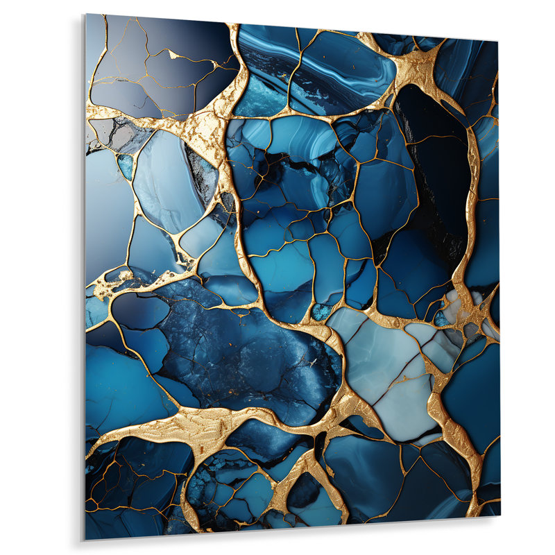 Or et saphir bleu mosaïque de marbre VI - impression abstraite d'art mural en métal, H 32 po x l 16 po x P 1 po