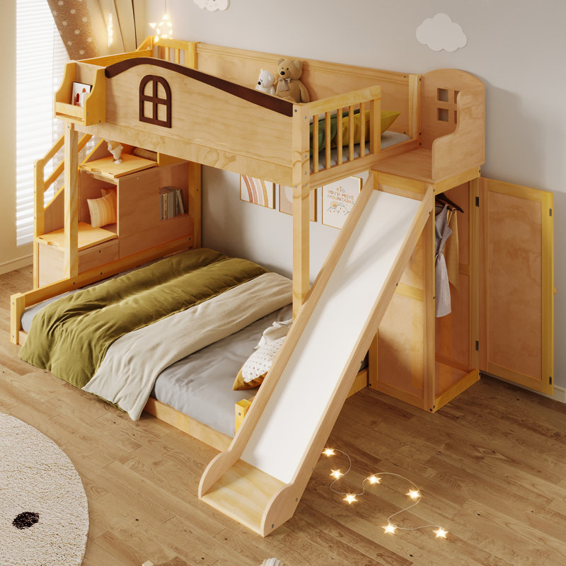  Lit simple superposé au dessus d'un lit double avec glissade, garde-robe et escalier de rangement, naturel et espresso