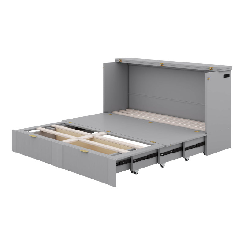Murphy Bed Wall Bed With Drawer And USB Ports, Pulley Structure Design, Gris, Grand lit