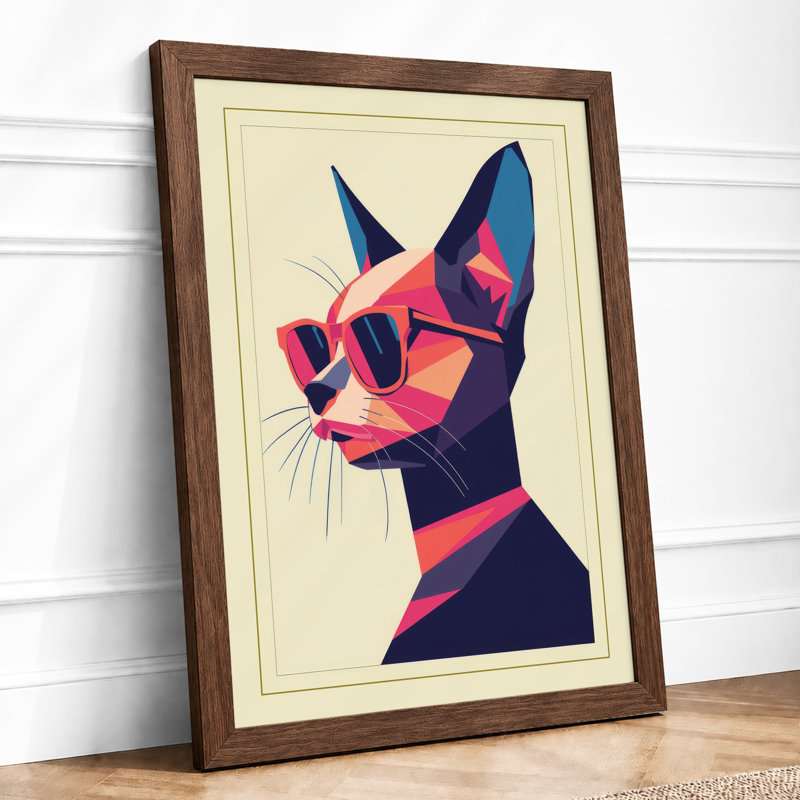 Cool Cat Geometric Art Deco - Framed Print, A3 - 42.0 x 29.7 cm, Walnut