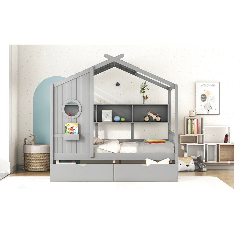 Gray Full Size Wooden Bed With Roof And 2 Storage Drawers, Shelf For Trinkets, Structure Gray, Size, Bed, Roof, Combs, Comfortable Sleep Zone