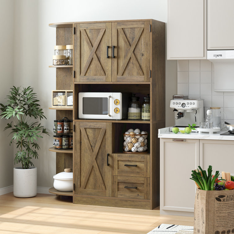 Straun Kitchen Pantry with Farm Doors and Microwave Shelf Laurel Foundry Modern Farmhouse