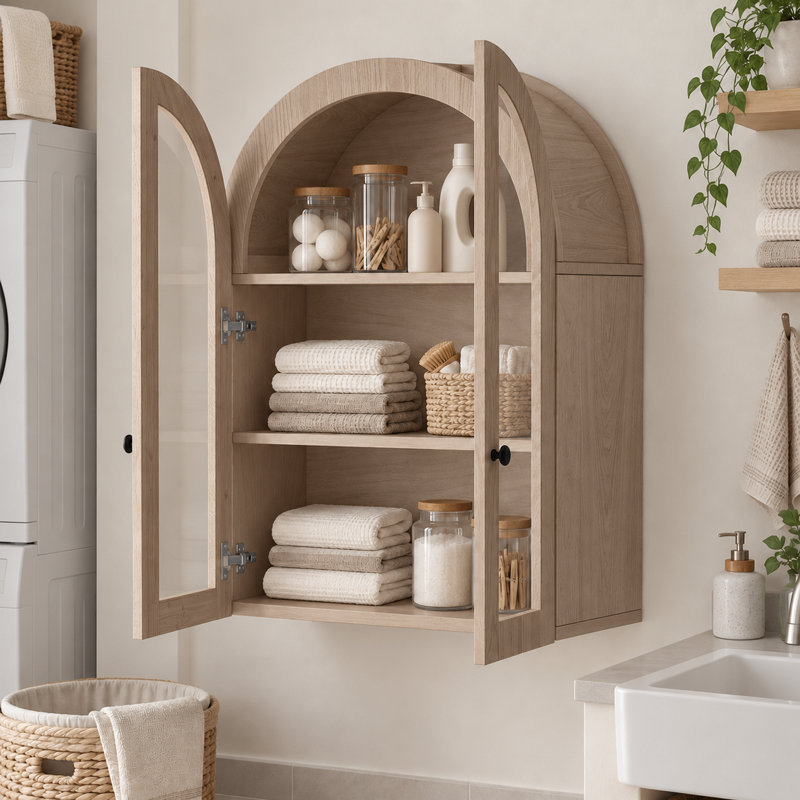 Armoire murale moderne de style ferme avec porte vitrée cintrée et étagère réglable, idéale pour salle de bain, buanderie et entrée.
