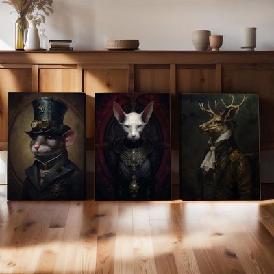 Ensemble de 3 affiches murales encadrées, style steampunk, représentant des animaux (rat, sphynx, chat, cerf). Décoration murale victorienne pour salon, chambre à coucher, bureau ou toute autre pièce. Impression d'art moderne, prête à accrocher.