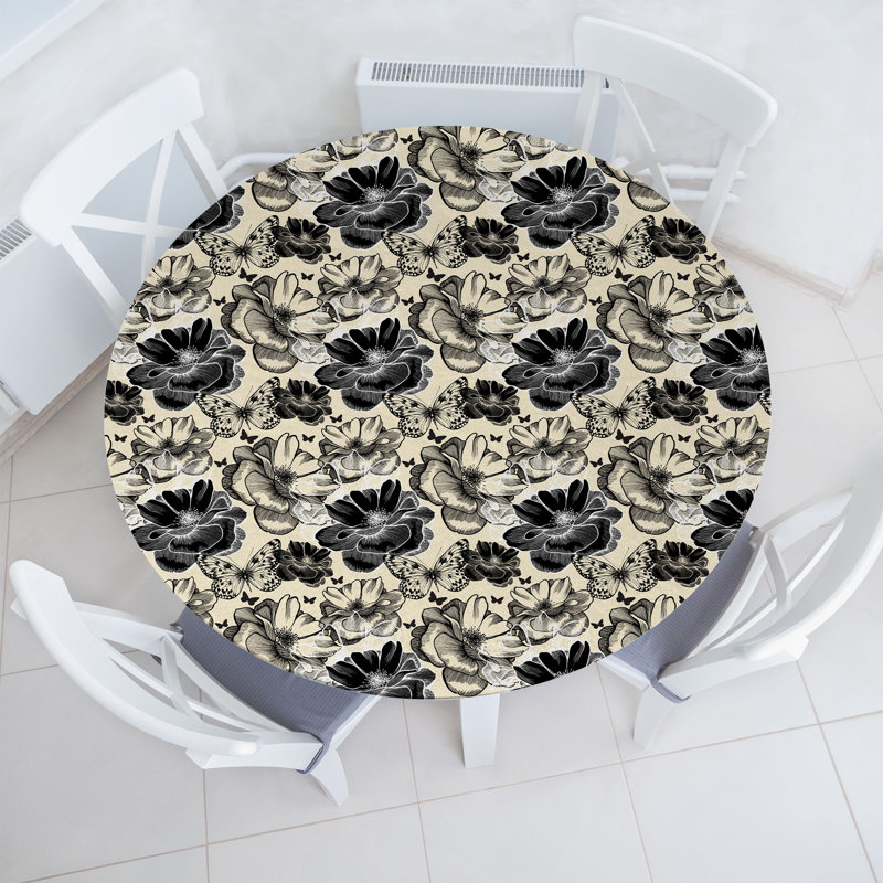 Floral Fitted Round Tablecloth Cream Charcoal Grey, 47.24" Round