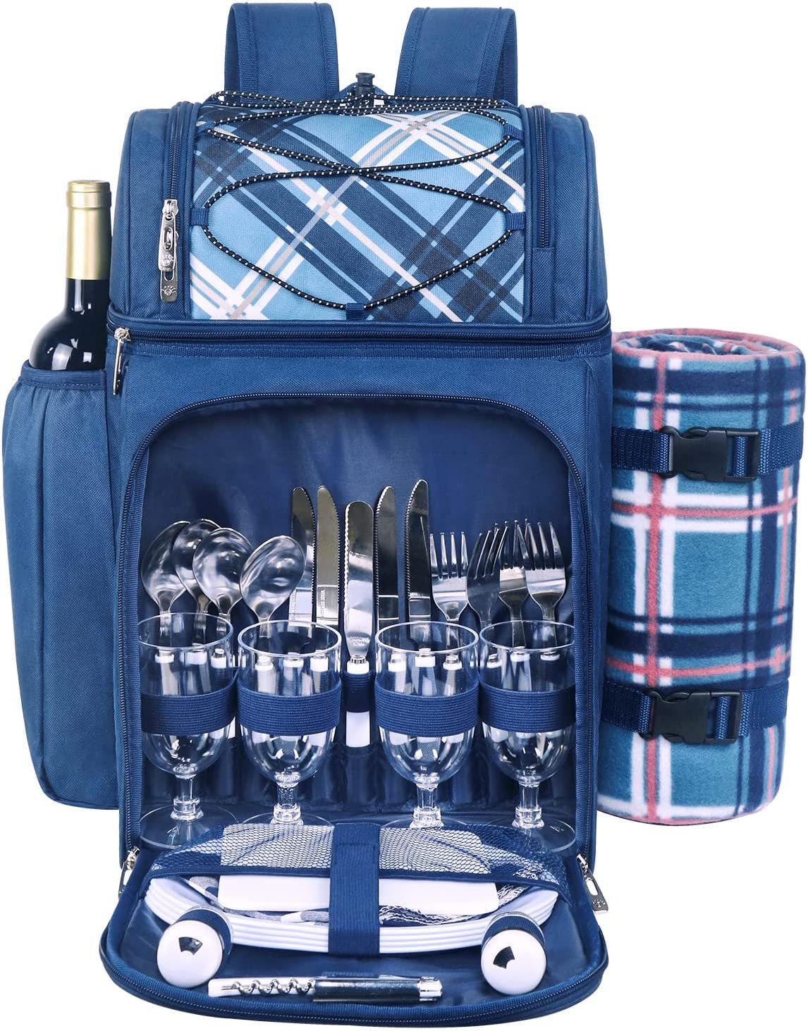 Family Picnic Backpack for 4 - Complete Picnic Bag for 4 with Folding Table, Insulated Cooler Compartment, Wine Holder, Waterproof Picnic Blanket and