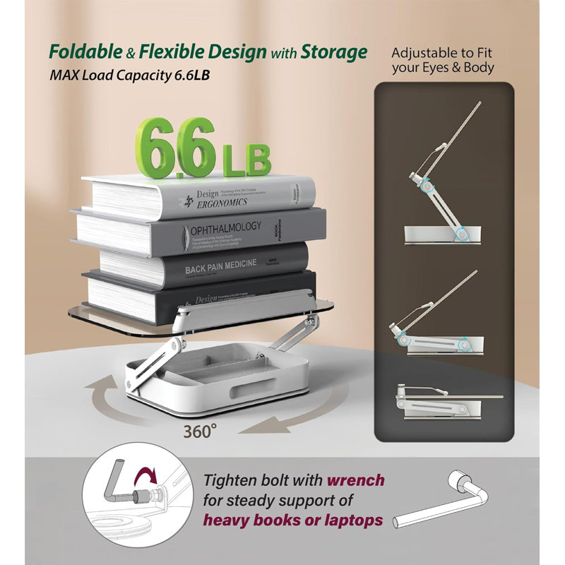 Acrylic Book Stand with Storage, 360° Rotating, Foldable Adjustable Holder