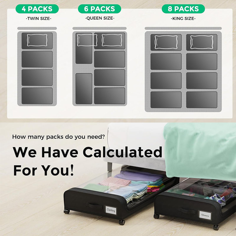 Black Plastic Under Bed Storage Box with Clear Lid and Wheels