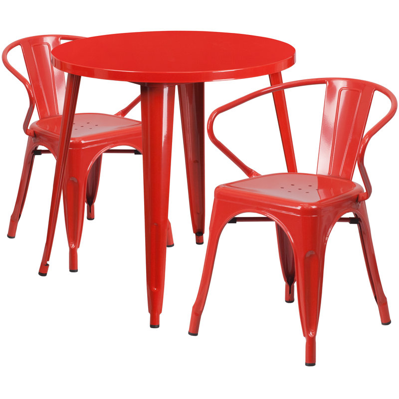 Ensemble de table ronde d'intérieur / extérieur en métal 30 po avec 2 chaises Duluth, Rouge, H 29,50 po x l 30 po x L 30 po
