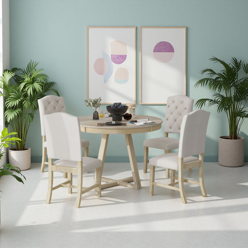 Ensemble de salle à manger rétro 5 pièces, table ronde avec rallonge de l 16 po et 4 chaises rembourrées, Naturel