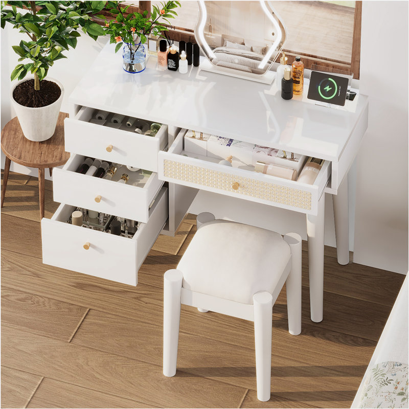 Makeup Vanity Set with Charging Plug and USB Port, White