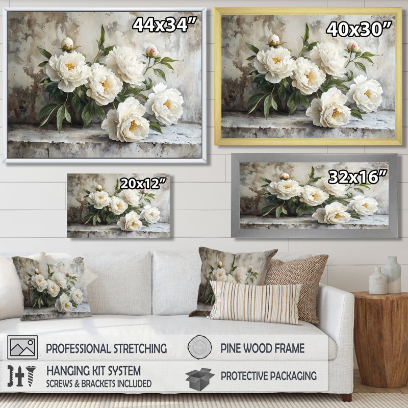 Fleur de pivoines avec rêverie en béton I - pivoines, art mural, H 34 po x l 44 po, Cadre simple argenté