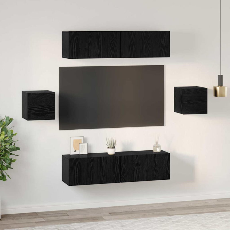 TV Cabinet Set Wall-Mounted 6 Pcs Engineered Wood, Black Oak, 30cm H x 60cm L x 28.5cm W