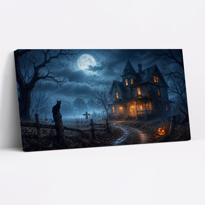 «Haunted Victorian House Under Full Moon», art mural sur toile, L 46 po x H 24 po