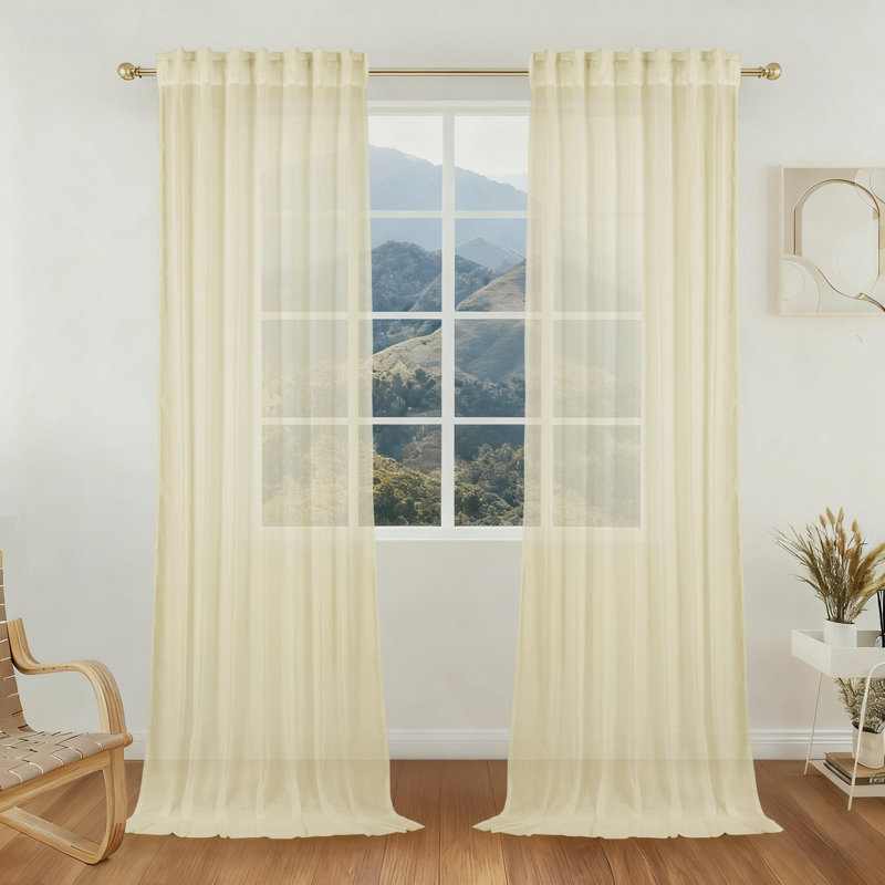 Paire de rideaux semi-transparents avec passe-tringle (ensemble de 2), Jaune clair, L 52 po x L 108 po