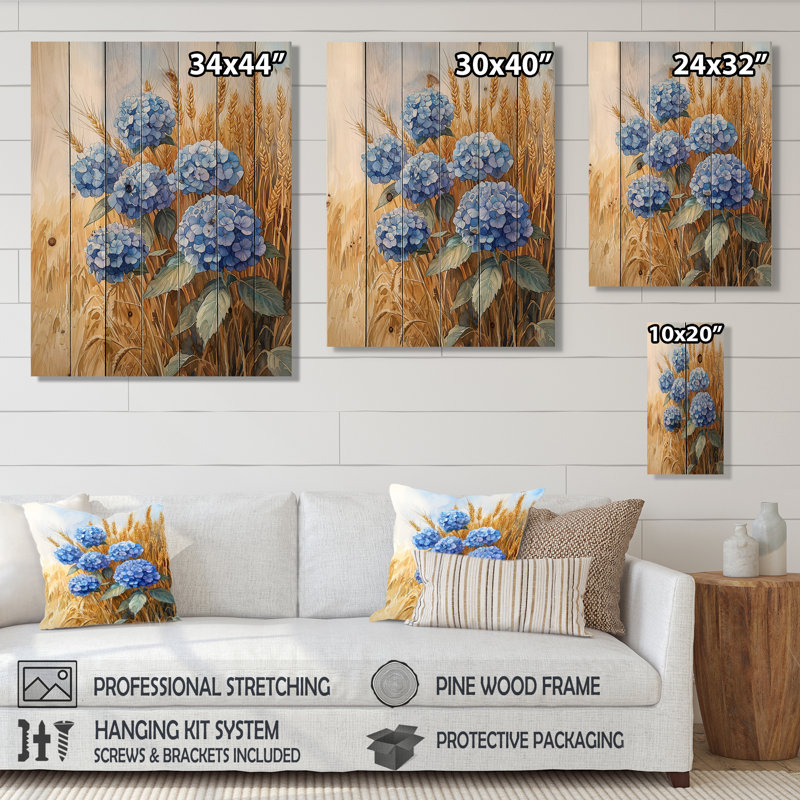 Countryside Hydrangeas In The Wheat Field IV - Hydrangea Wood Wall Art - On Natural Pine Wood, 44" H x 34" W x 0.78" D