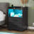 Black Dressing Table For Bedroom, Led Nightstand With Charging Station, Side Table With Usb Port, Nightstand With 2 Fabric Drawers And Open Bedroom Compartment, Set Of 2