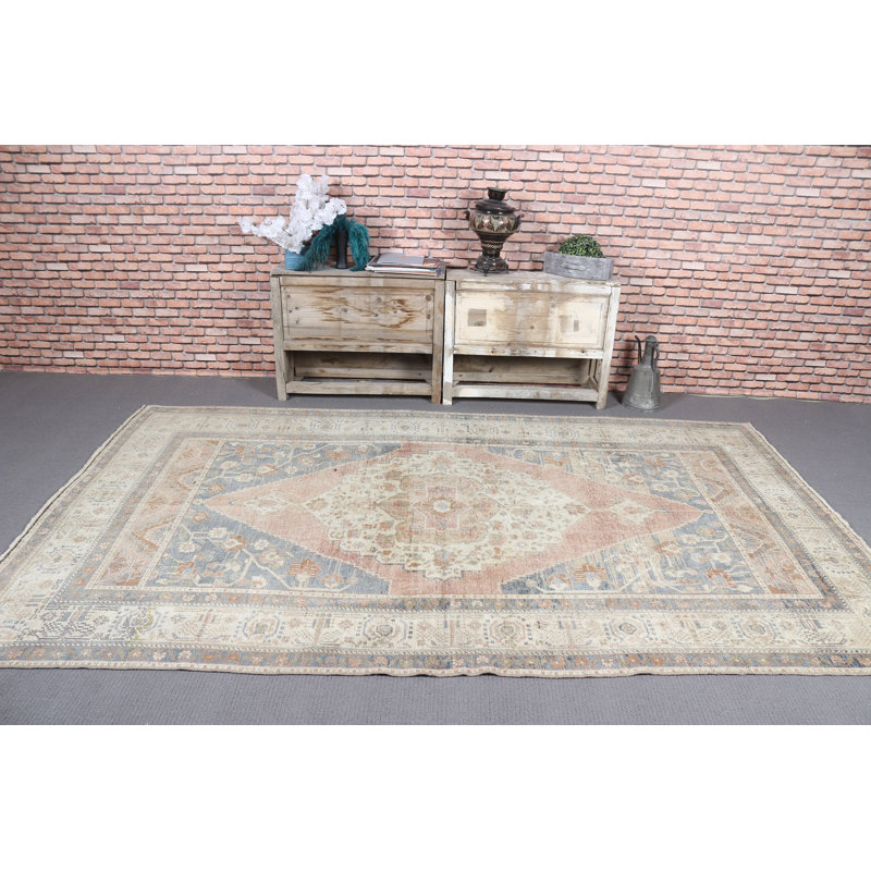 Vintage Turkish Rug in Pastel Beige and Blue Tones with Intricate Geometric Patterns for Bohemian Home Decor