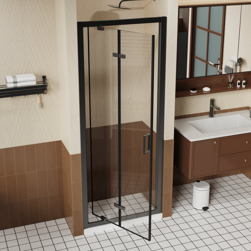 Porte de douche réversible pliable 24,8-26 po x H 72 po, verre trempé transparent 1/4 po (6 mm), noir