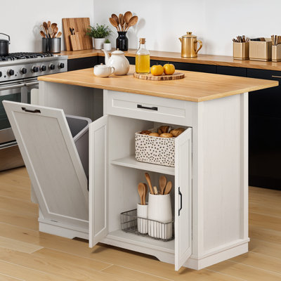 Tashala 45.3"x25.4" Kitchen Island Kitchen Cart on Wheels, Kitchen Bar Table with Drop Leaf and Tilt Out Trash Can Storage Cabinet