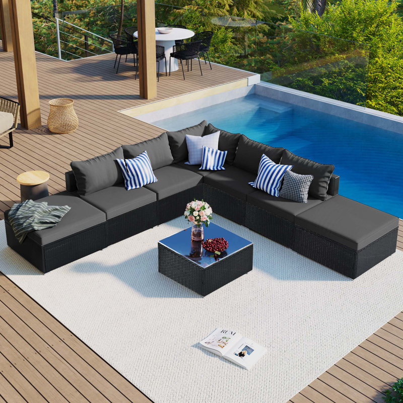 Ensemble de 8 meubles de patio pour l'extérieur, ensemble de canapé en osier de conversation de jardin, canapé simple combinable, coussins, osier