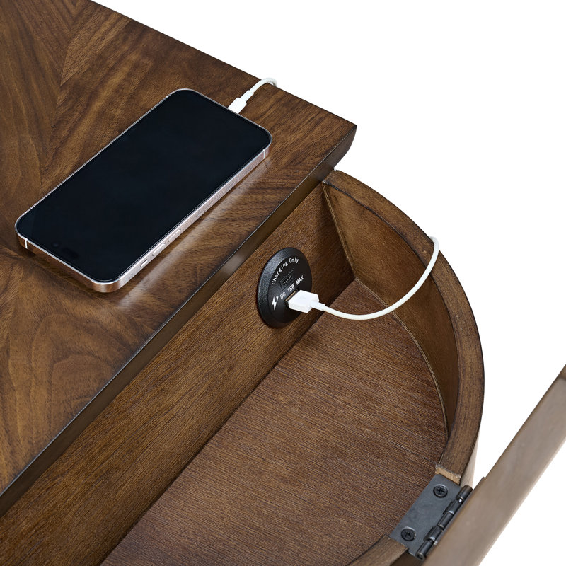 Table d'appoint Tommy Mid-Century Modern avec station de recharge, Noyer brun