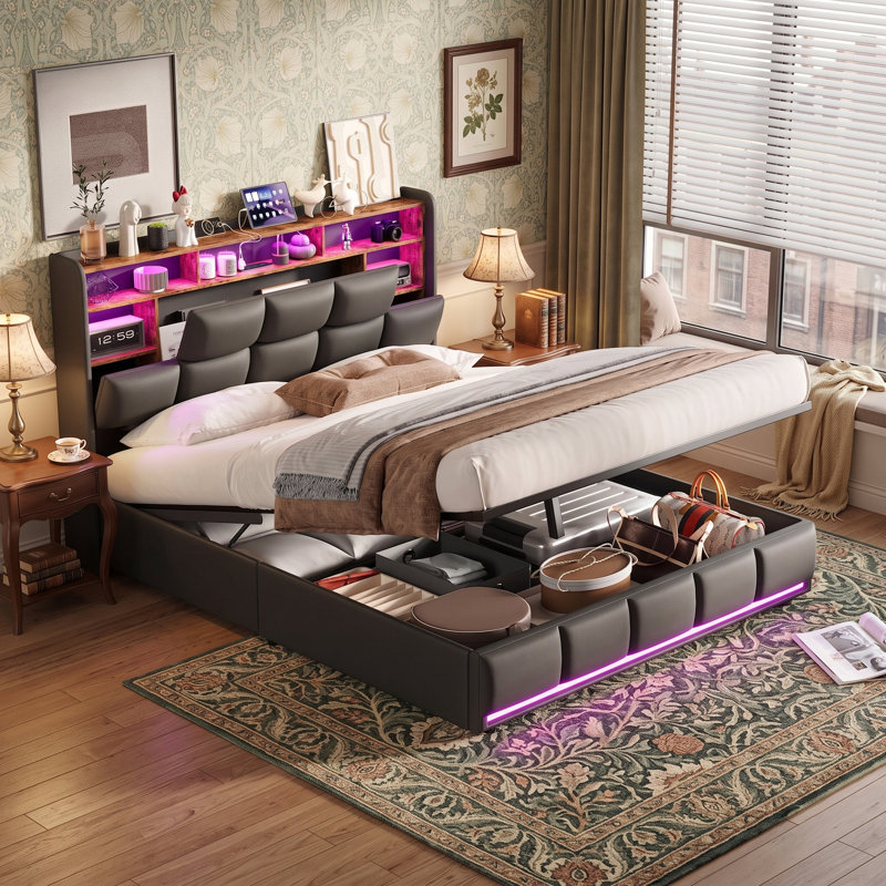 PU Upholstered Ottoman Storage Bed with Headboard and LED, Large Capacity Hydraulic Lift Up Storage Beds with Charging Station, Modern Platform Bed Frame for Bedroom(4Ft6/5Ft,Black)