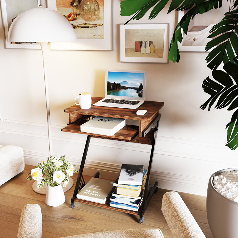 Bureau d'ordinateur en forme de Z 23,6 "avec plateau pour clavier et roulettes, table d'étude compacte pour petits espaces